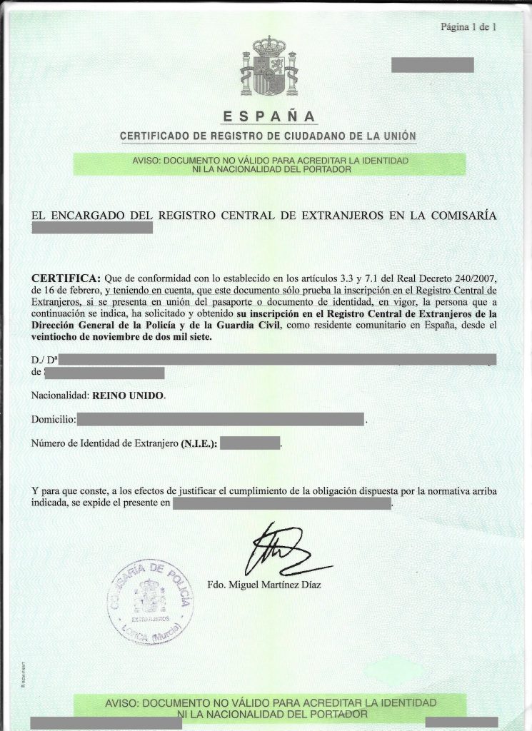 Certificado de Registro de Ciudadano de la Unión